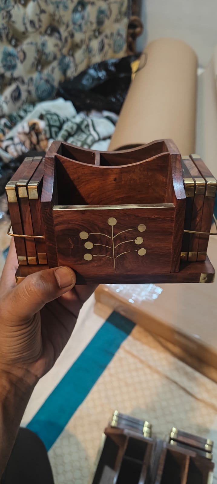 handcrafted Sheesham wood desk organizer
